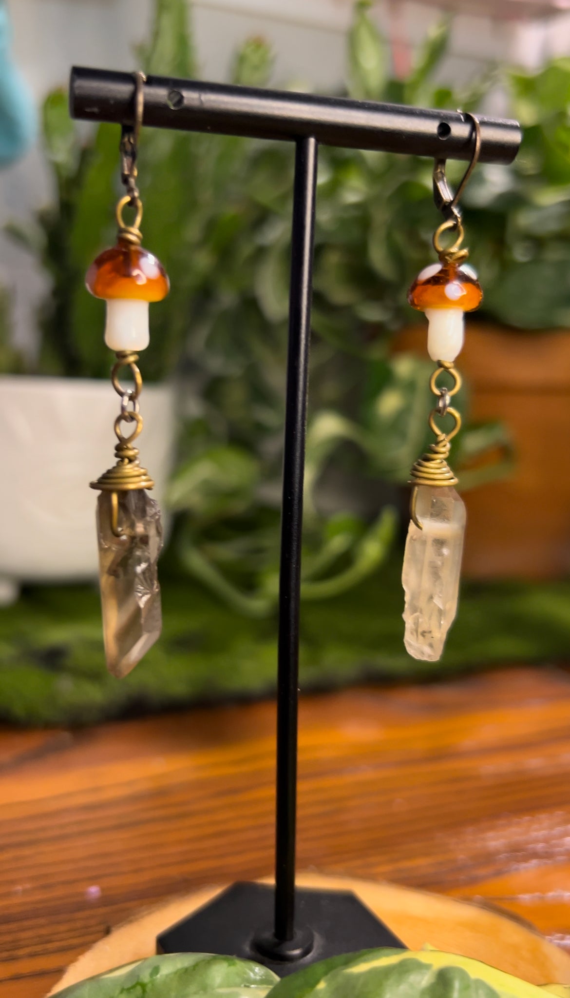 Smoky Quartz Dangly Mushroom Earrings