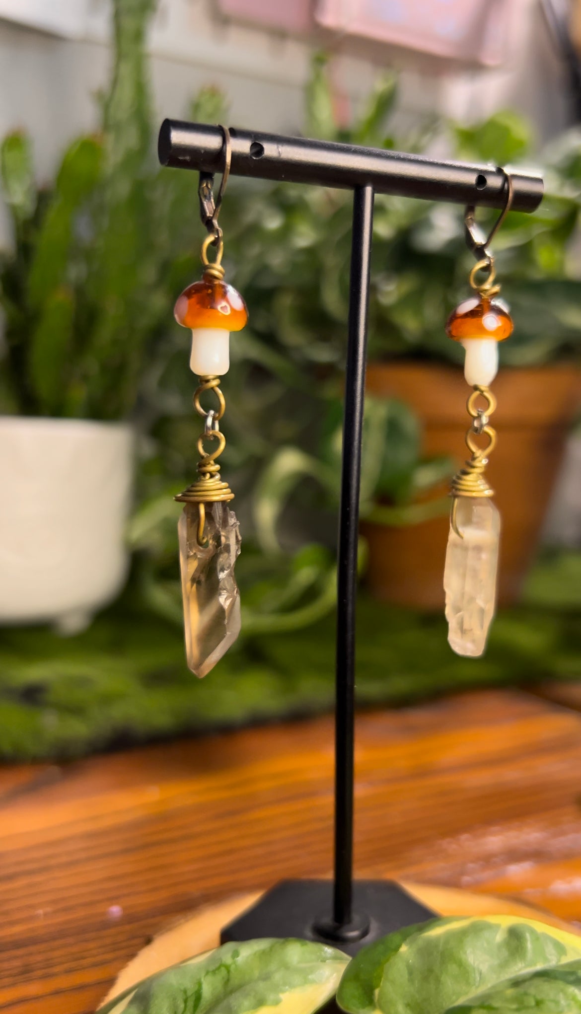 Smoky Quartz Dangly Mushroom Earrings