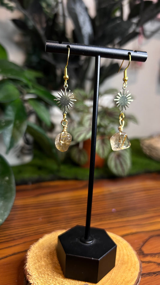 Rutilated Quartz Sunburst Dangle Earrings