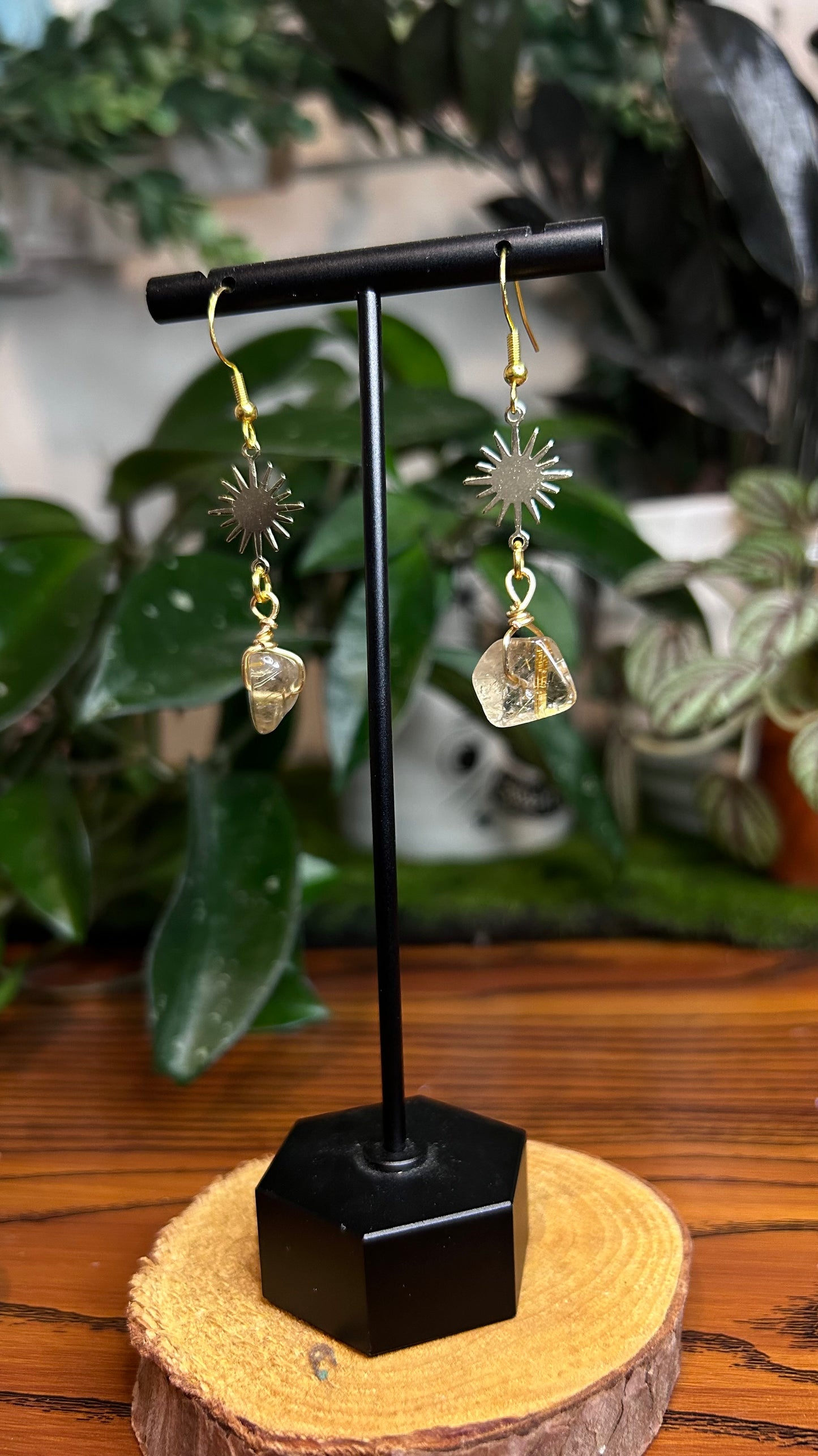 Rutilated Quartz Sunburst Dangle Earrings