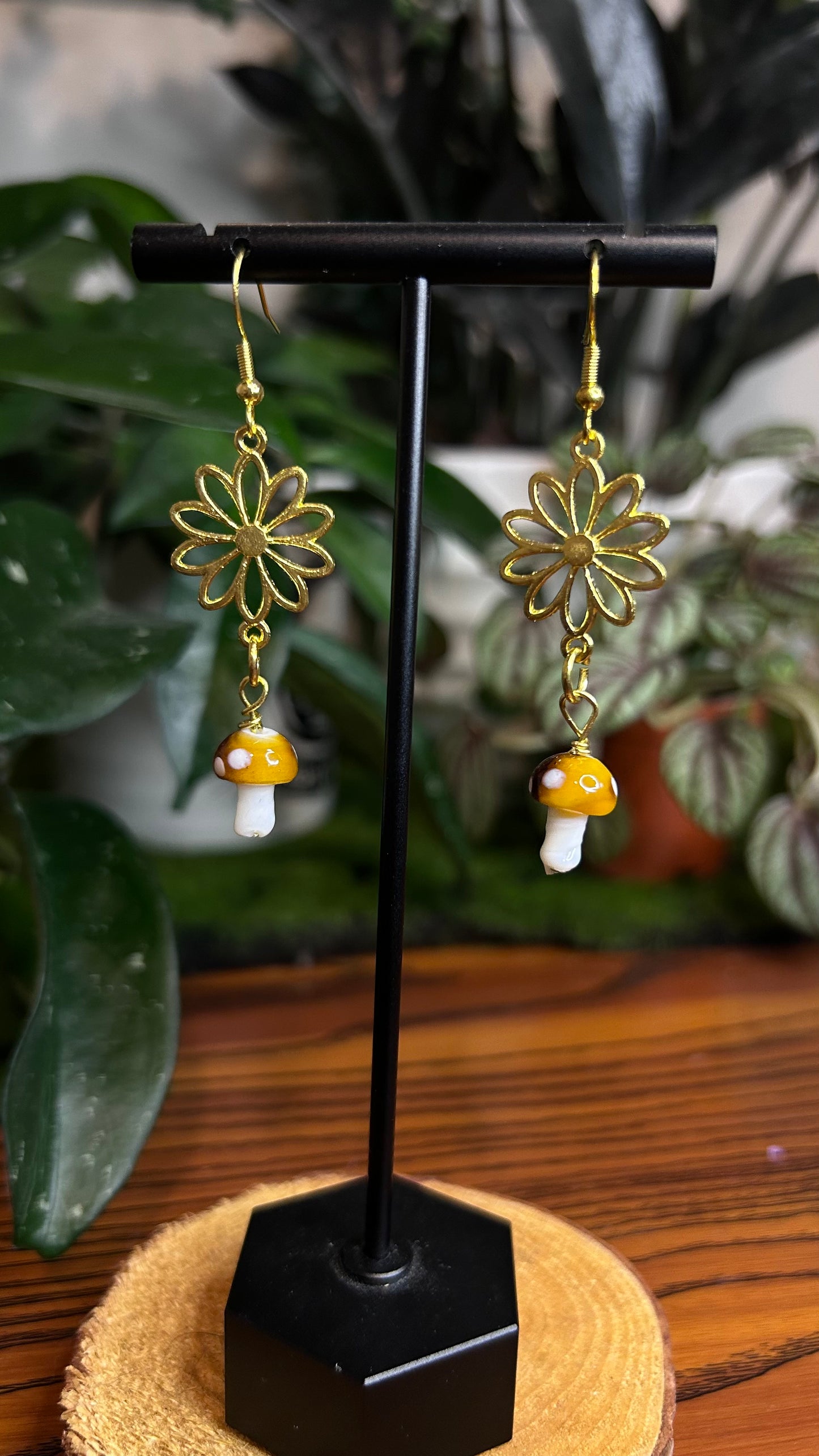 Groovy Golden Mushroom & Flower Dangly Earrings