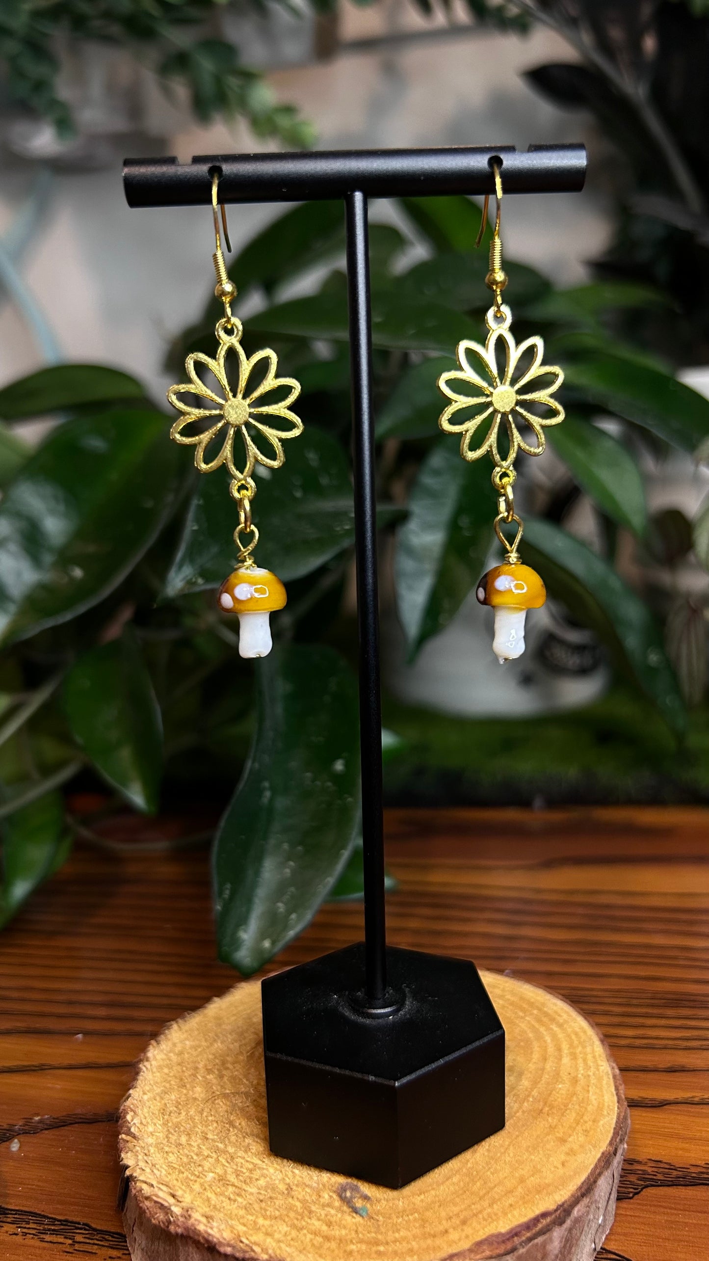 Groovy Golden Mushroom & Flower Dangly Earrings