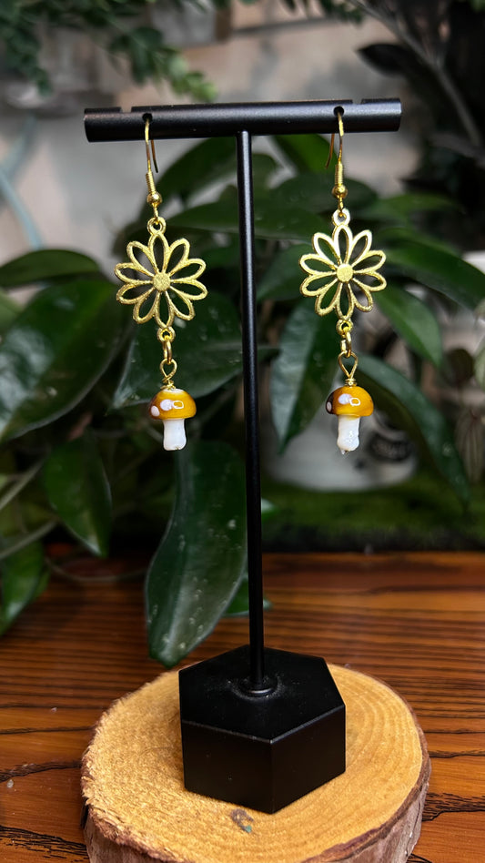 Groovy Golden Mushroom & Flower Dangly Earrings