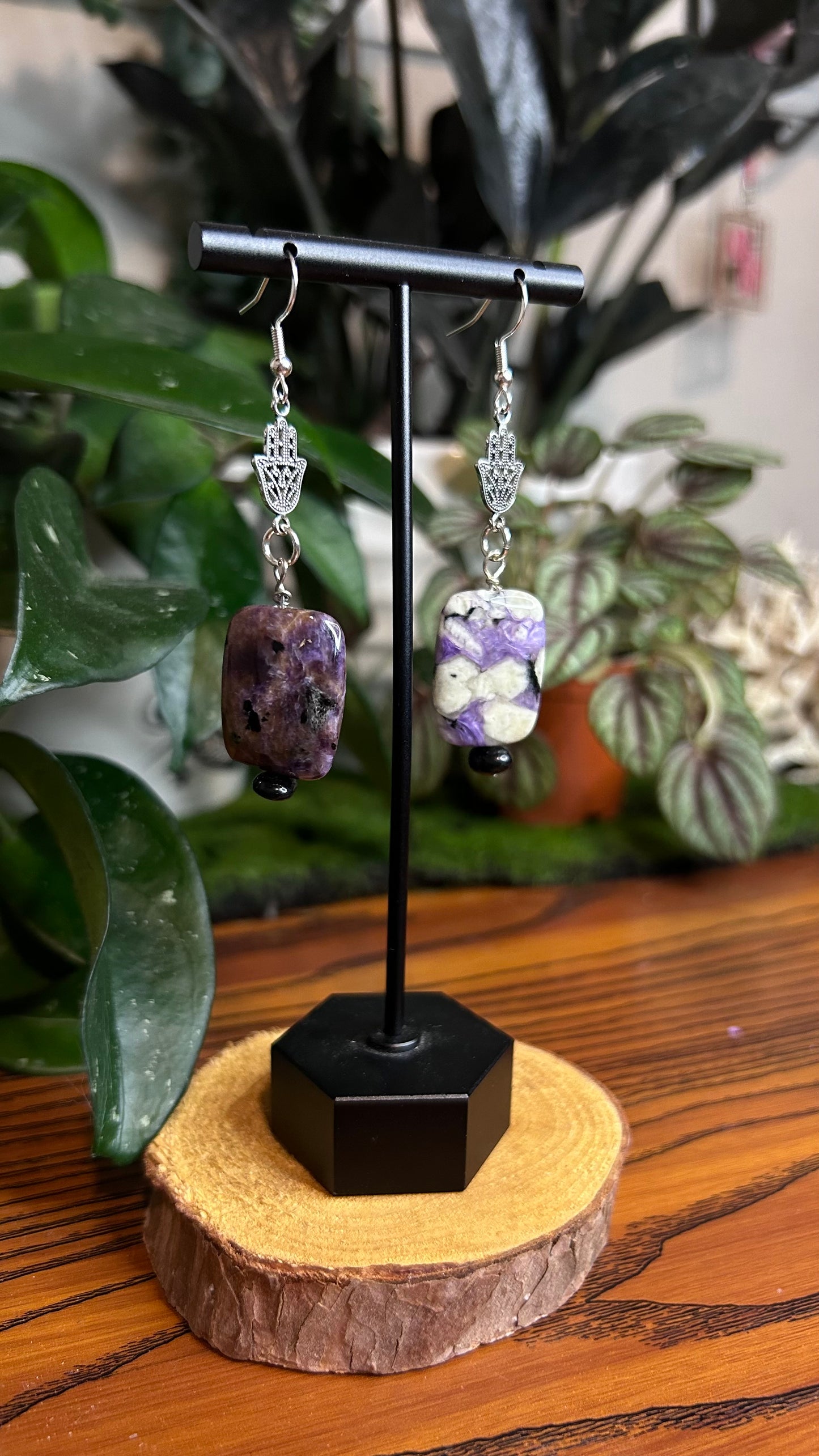 Charoite Silver Palm Dangly Earrings