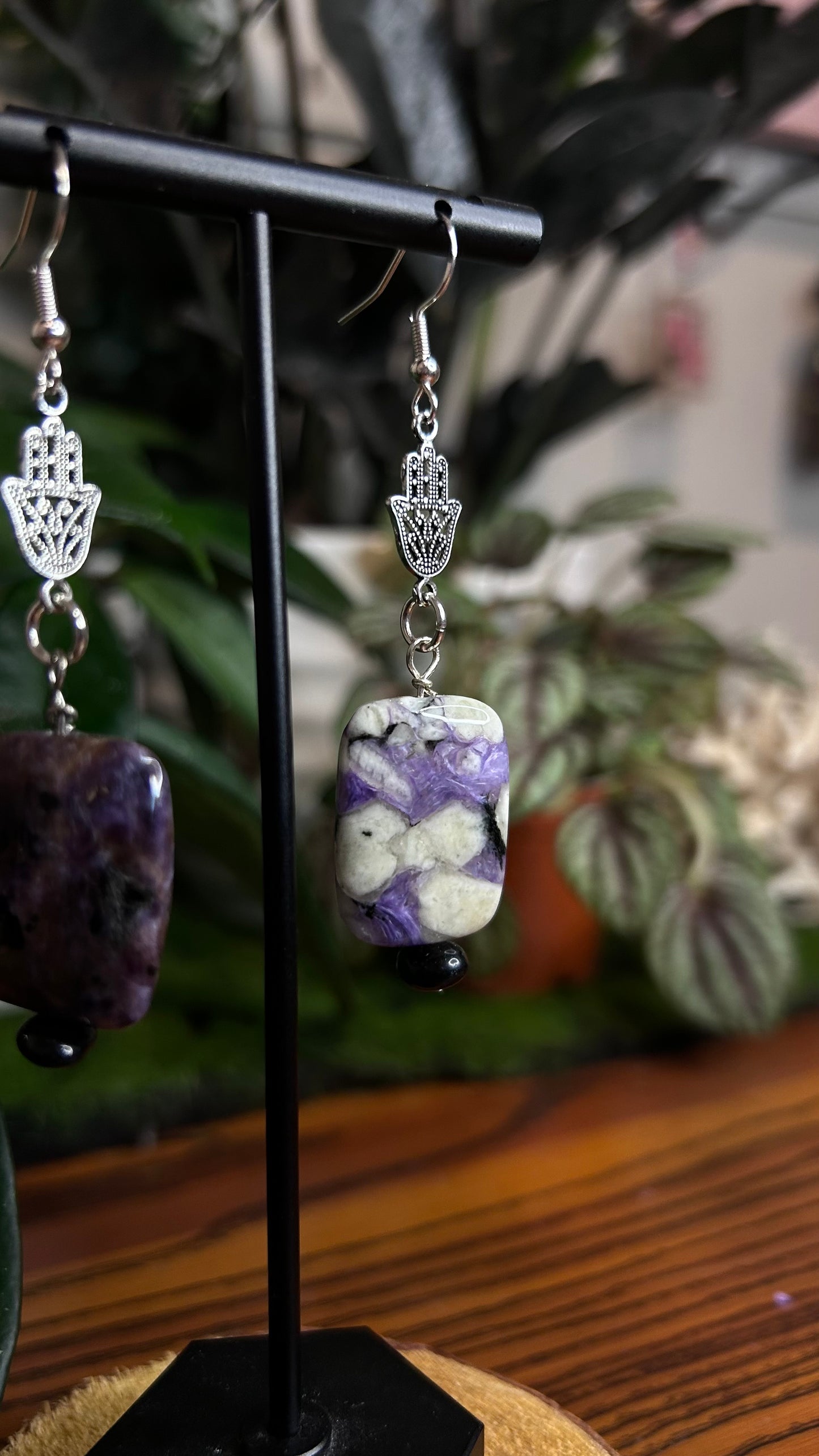 Charoite Silver Palm Dangly Earrings