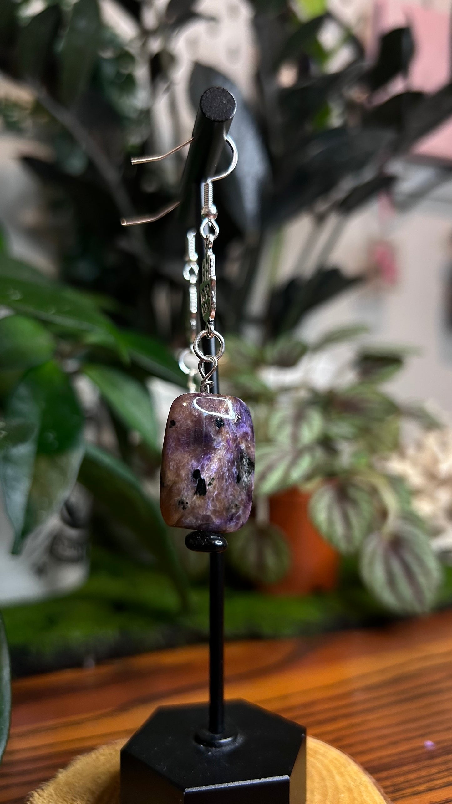 Charoite Silver Palm Dangly Earrings