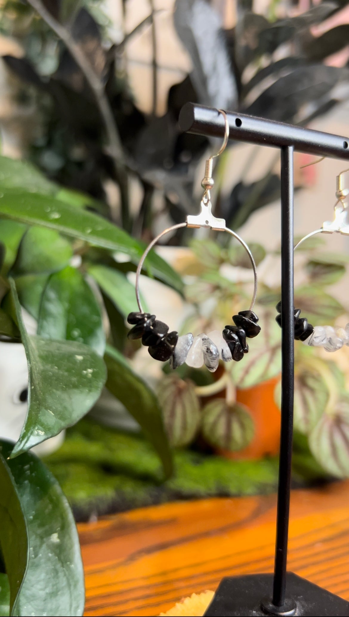 Black Agate & Tourmalated Quartz Ombre Hoops