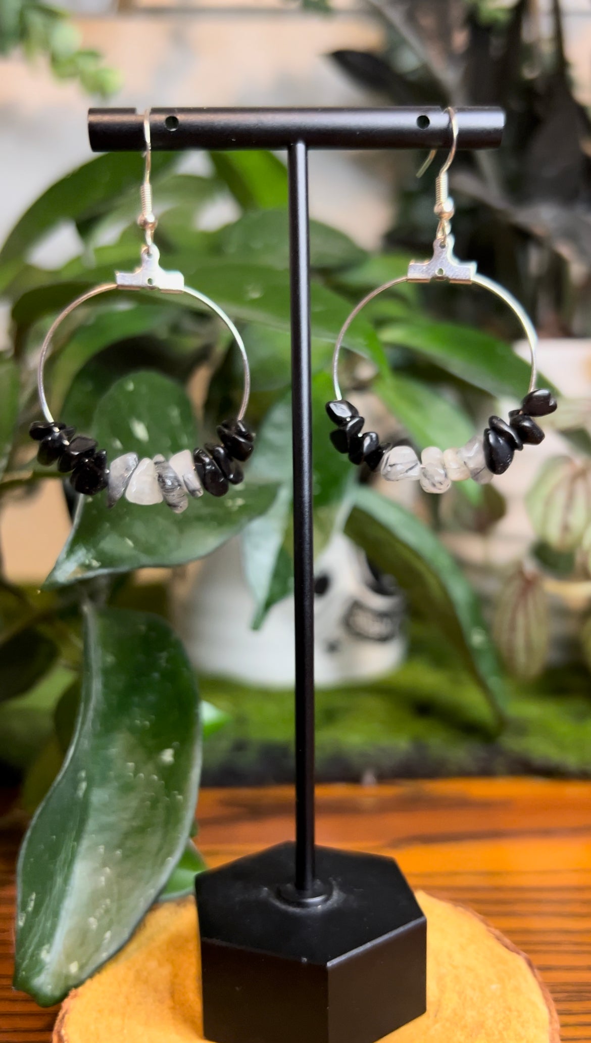 Black Agate & Tourmalated Quartz Ombre Hoops