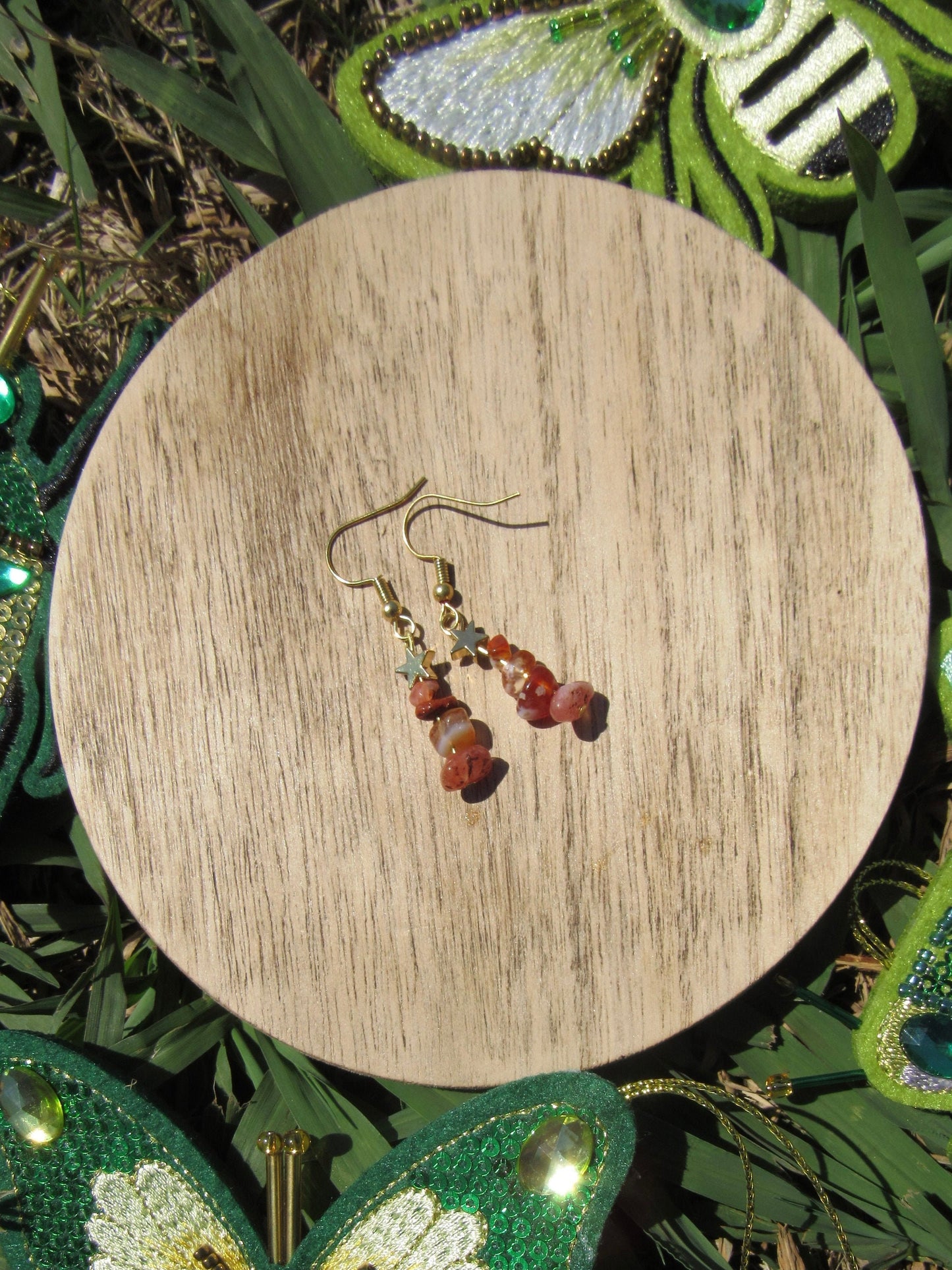 Red Carnelian Shards & Gold Stars Dangle Earrings