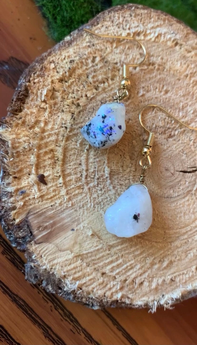 Rainbow Moonstone Raw Wire Wrapped Earrings